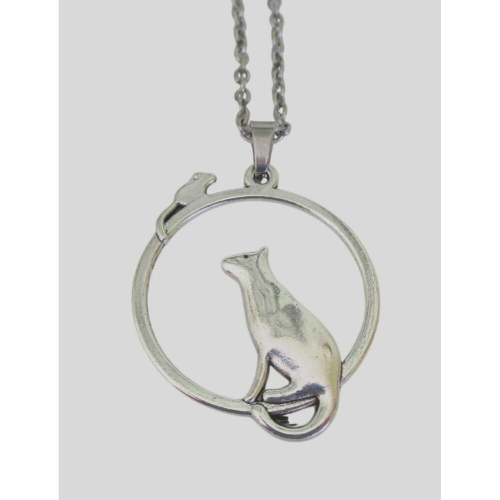 New Cat & Mouse Pendant Necklace With 20 inch Stainless Chain - Animal Cat Lover